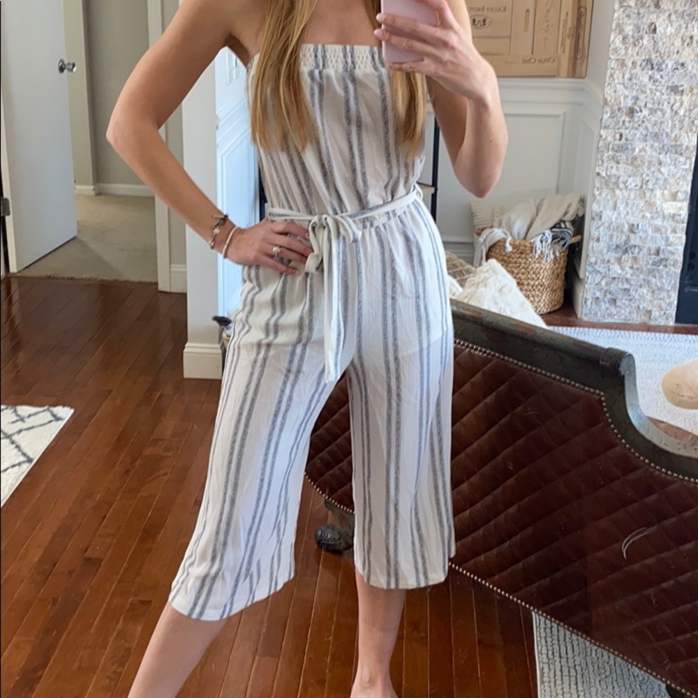 Blue/white jumpsuit with tie waist